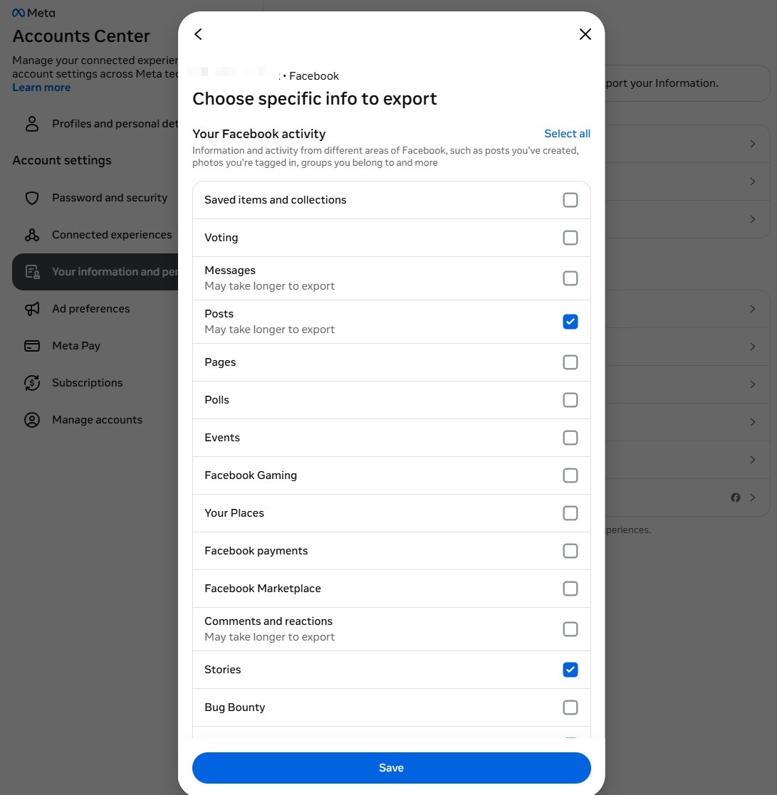 Customize information — choose what to include