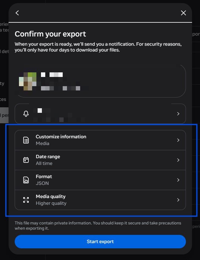 Confirm export settings